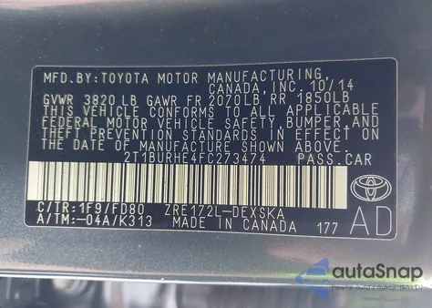 2015 Toyota Corolla S Plus из США, поврежденный, VIN 2T1BURHE4FC273474